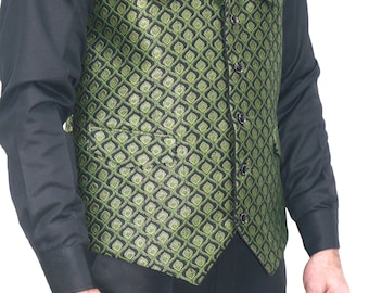 May include: A sleeveless vest featuring a repeating geometric pattern in shades of lime green and black. The vest has a notched lapel, a button-down front closure, two chest pockets with flaps, and two lower pockets, worn over a black long-sleeve shirt.