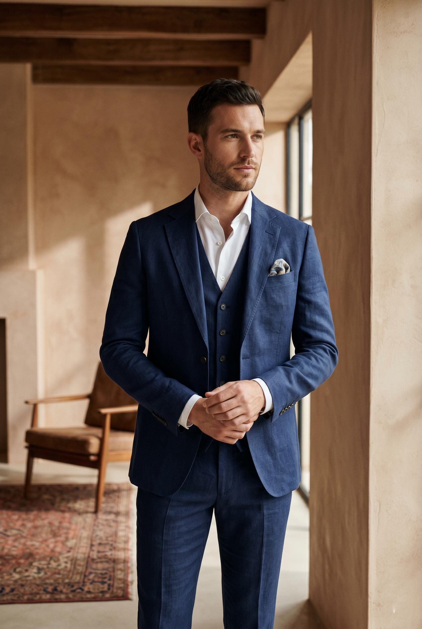 Navy Blue Linen 3-piece Suit for Men, Tailored Wedding Blazer