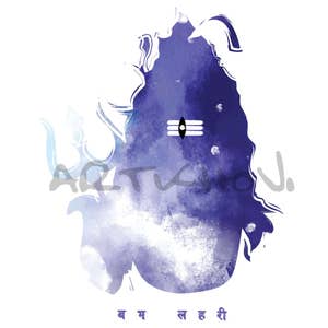 May include: A watercolour painting of the Hindu deity Shiva in a blue and white colour scheme. The painting features a third eye and a trident. The text "बम ल हरी" is written in Hindi at the bottom of the painting.