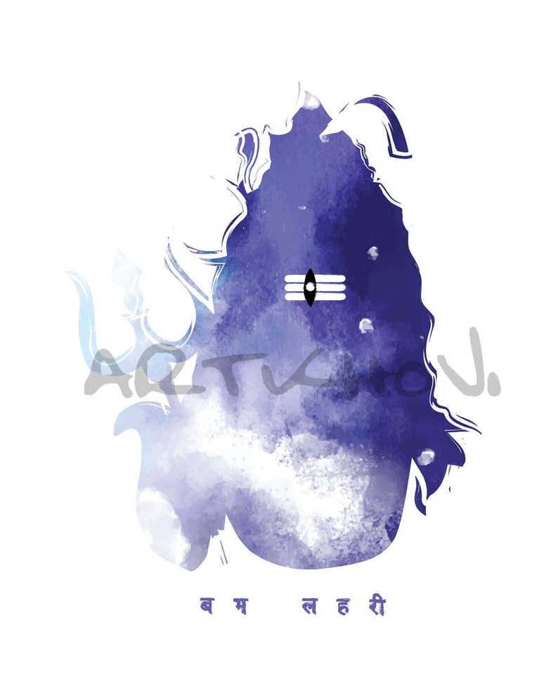 May include: A watercolour painting of the Hindu deity Shiva in a blue and white colour scheme. The painting features a third eye and a trident. The text "बम ल हरी" is written in Hindi at the bottom of the painting.