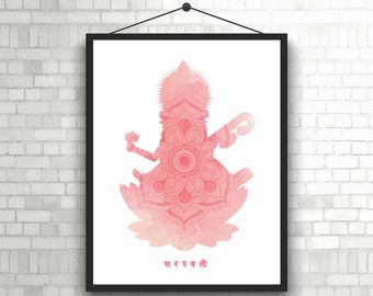 Godin Saraswati roze mandala-kunstprint (digitale download)