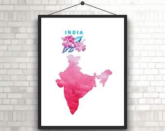 Impresión artística en acuarela del mapa de la India: Diseño floral tropical (descarga digital)