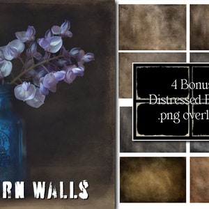Puede incluir: Imagen de naturaleza muerta con una botella de vidrio azul que contiene flores de lavanda. La imagen también incluye superposiciones de bordes desgastados y el texto "WORN WALLS". El fondo es oscuro.