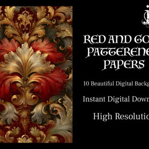 Może przedstawiać: Cyfrowy obraz tła z szczegółowym, ozdobnym wzorem w kolorze czerwonym, złotym i kremowym. Obraz ma ciemne tło i zawiera tekst "RED AND GOLD PATTERNED PAPERS" i inne szczegóły.