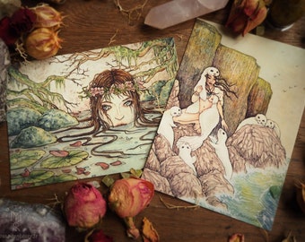 Puede incluir: Dos ilustraciones de acuarela en postales. La primera muestra a una mujer con una corona de flores sumergida en un estanque con nenúfares. La segunda muestra a una mujer con una piel de foca drapeada sobre sus hombros sentada en una roca con otras focas.