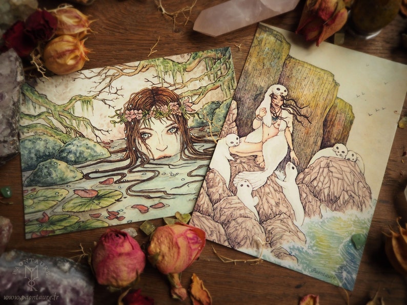 WATER CREATURES set of 2 postcards style folk fantasy elven pagan faery celtic water sea seascape selkie mermaid siren fairy tales image 1