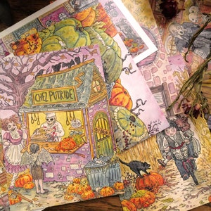 HALLOWEEN POSTCARD BUNDLE - Set de 6 cartes postales de la collection "Marius et la ville des monstres" + 1 carte offerte