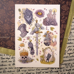 May include: A watercolour illustration of a set of fantasy themed stickers. The stickers feature a castle, a sword, a skull, a shield, a dragon eye, a rose, a knight, and a woman with a candle. The stickers are ideal for adding a touch of fantasy to your journals, planners, or other creative projects.