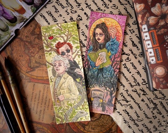 GOOD OMENS - Original Painting on bookmark - style fantasy young adult sci-fi - ineffable husbands crowley aziraphale anathema witch forest