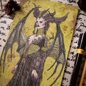 LILITH Oeuvre originale Encre et aquarelle fanart Diablo IV dark fantasy démon lilith gaming geek video game art image 2