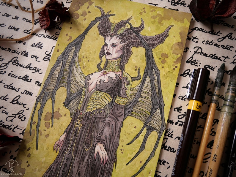 LILITH Oeuvre originale Encre et aquarelle fanart Diablo IV dark fantasy démon lilith gaming geek video game art image 2