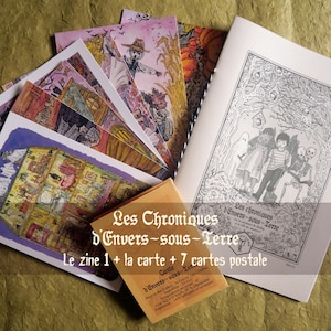 BUNDLE zine 1 : Les chroniques d'Envers-sous-terre - Lot du fanzine et cartes postales - Dans le style Horror comedy Halloween Artzine