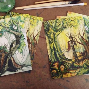 AMONG THE ENTS - Lot de 2 cartes postales - style fantastique féérique pagan folklore celtique bit-lit heroic fantasy forêt enchantée