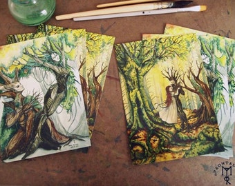 AMONG THE ENTS set of 2 postcards folk fantasy elven pagan faery celtic tree forest