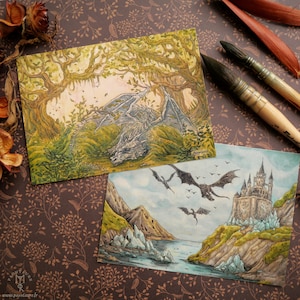 DRAGONS - Set di 2 cartoline - ispirazioni fantastiche fata pagana folklore fantasia celtica drago castello forte dungeon
