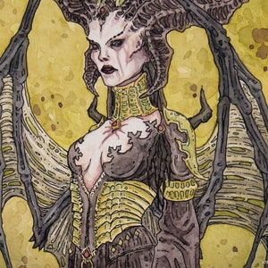 LILITH Oeuvre originale Encre et aquarelle fanart Diablo IV dark fantasy démon lilith gaming geek video game art image 1