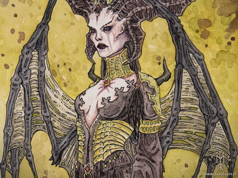 LILITH Oeuvre originale Encre et aquarelle fanart Diablo IV dark fantasy démon lilith gaming geek video game art image 1