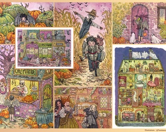 HALLOWEEN POSTCARD BUNDLE - Set of 6 postcards from the collection "Marius and the town of freaks" + 1 postcard offered