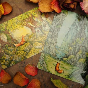 RED FOX - Lot de 2 cartes postales - style fantastique féérique pagan folklore celtique fantasy forêt enchantée nature renard roux