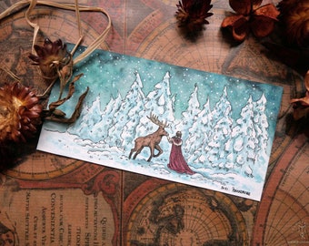 WINTER TALE - Original work - Ink and watercolor - fantasy style celtic fairy folklore enchanted forest deer snow fir trees