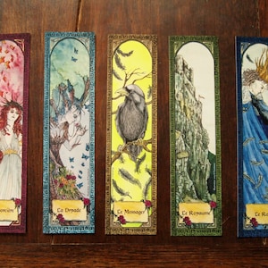 BOOKMARKS - set of 5 printed paper bookmarks - Witches dryad enchanted tree crow rock castle king fairy folklore fantasy art