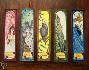 BOOKMARKS - set of 5 printed paper bookmarks - Witches dryad enchanted tree crow rock castle king fairy folklore fantasy art
