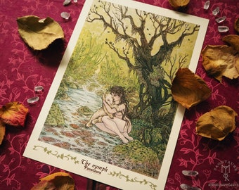 NYMPH - Petit Print format A5 - Impression d'Art - Style folklore pagan fantasy art féérique celtique forêt enchantée fée agneau