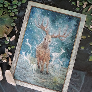 May include: A watercolour painting of a skeletal deer with antlers that are branches of a tree. The deer is surrounded by a group of white deer in a snowy forest setting.