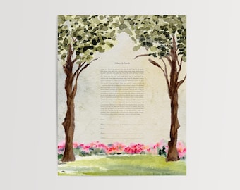 Ketubah con árboles en acuarela / Personalizable con nombres / Contrato matrimonial judío moderno / Ketubah hebreo-inglés / Imprimible