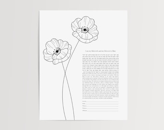 Ketubah moderna con amapolas florales, arte lineal minimalista (PDF)