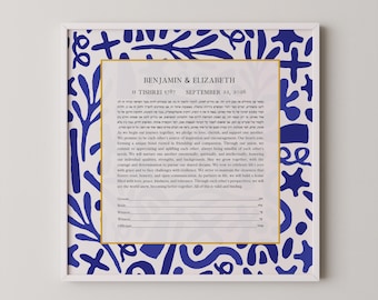 Azul + Blanco Ketubah I Ketubah imprimible moderno I Descarga digital I Ketubah personalizado con nombres + Fecha I Autoimpresión Ketubah