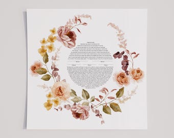 Ketubah floral rústica / Contrato matrimonial judío botánico en acuarela rosa y dorado / Listo para imprimir