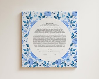 Ketubá moderna para imprimir, diseño floral azul, contrato de boda judío, texto en hebreo e inglés