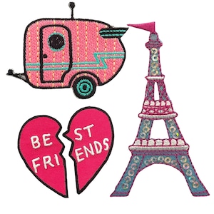Pink Iron On Embroidered Appliqués Set of 3 / "Best Friends", Retro Camper, Paris Eiffel Tower Patches for Backpack, Jacket, Girls, Friends