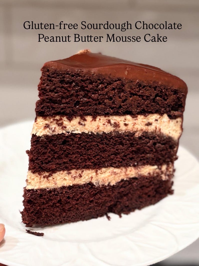 Puede incluir: Una porci&oacute;n de pastel de mousse de chocolate y mantequilla de man&iacute; sin gluten sobre un plato blanco. El pastel tiene capas de bizcocho de chocolate oscuro y mousse de mantequilla de man&iacute;, cubierto con un glaseado de chocolate. Texto: Gluten-free Sourdough Chocolate Peanut Butter Mousse Cake.