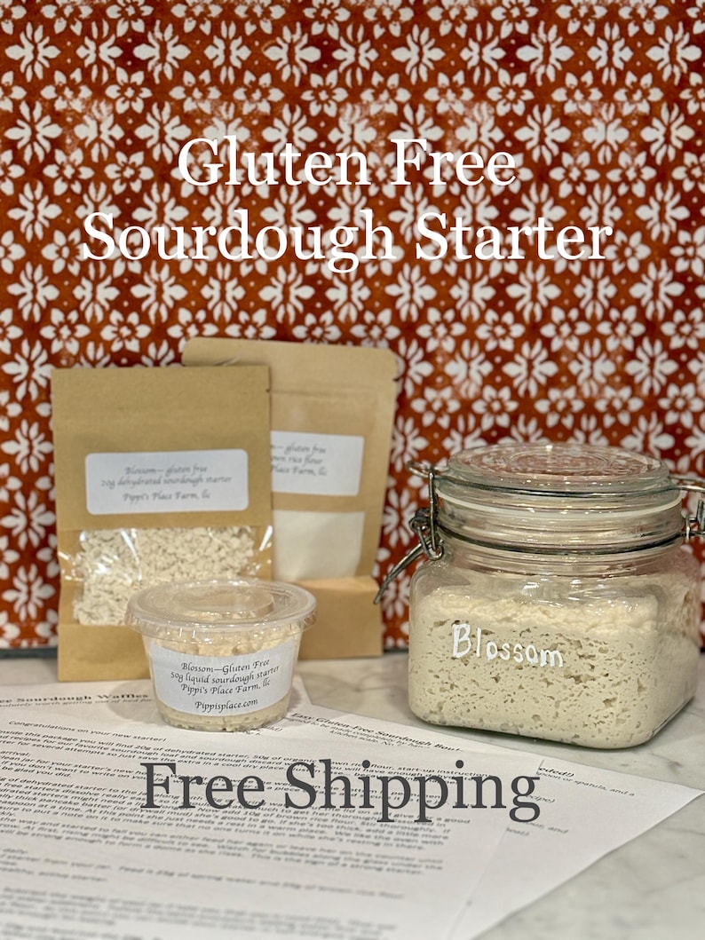 Puede incluir: Un kit de inicio de masa madre sin gluten con un tarro de vidrio etiquetado "Blossom", peque&ntilde;as bolsas y un recipiente transparente. El texto "Gluten Free Sourdough Starter" est&aacute; en la parte superior. El fondo es una tela estampada naranja y blanca.