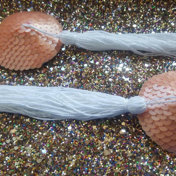 Peach, semi-matte sequin pasties with long white silky tassels, burlesque costume, lingerie accessory, exotic
