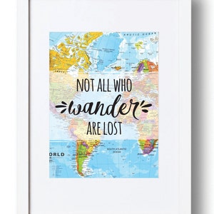 Wanderlust, Nem todos os que vagam estão perdidos Impressão artística, Arte de parede de mapa mundi, Impressão artística digital, Citações inspiradoras, Presente para ele