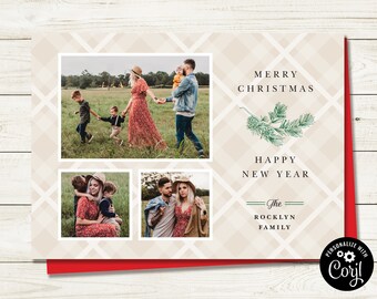 Editable Christmas card, Traditional Plaid Christmas Card, 5 x 7 Custom Photo Holiday Card, DIGITAL DOWNLOAD ONLY