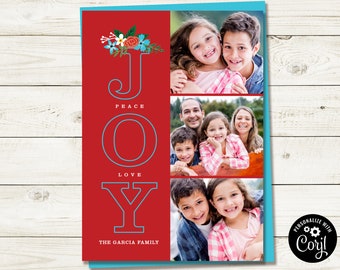 Editable Christmas card, Peace Love Joy Floral Christmas Card, 5 x 7 Custom Photo Holiday Card, DIGITAL DOWNLOAD ONLY