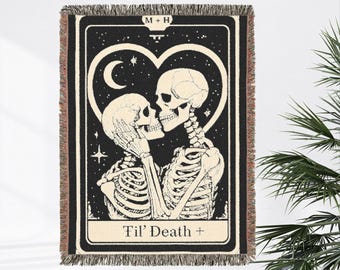 Personalized Anniversary Woven Blanket, Til Death Do Us Part Skeleton Blanket, Custom Tarot Card Blanket, Goth Blanket, Bridal Shower Gift