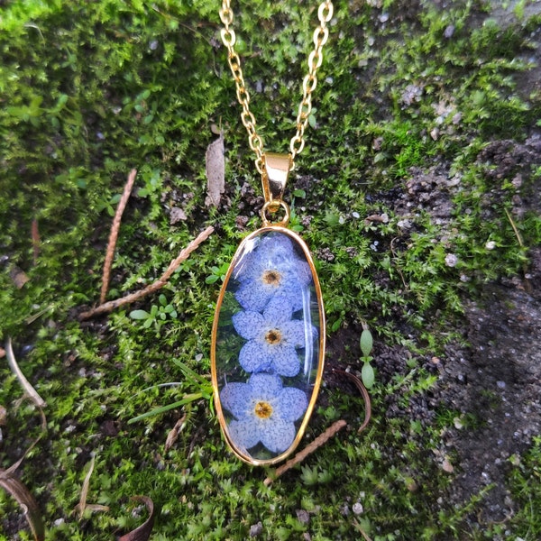 Forget-me-not flower necklace, resin jewel with Myosotis flowers Real Pressed Blue Flower pendant botanical jewelry Gold long chain