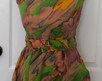 Vintage 1990s Belted Tropical Sundress Neon