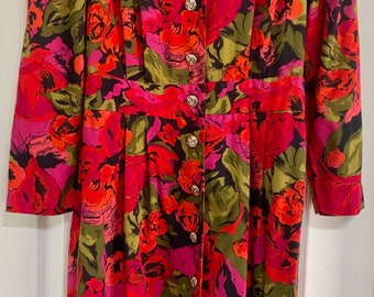 Vintage 1980s Bright Abstract Floral Suit Dress Hot Pink Neon Orange