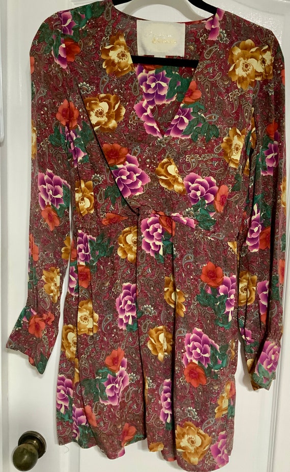 Vintage 1990s Floral & Paisley Silk Wrap Mini Dres