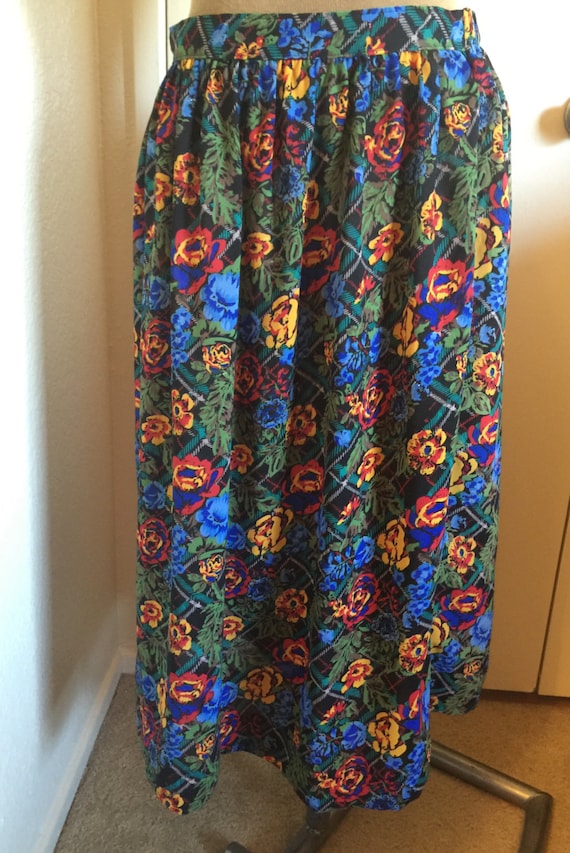 Vintage 80s Sheer Floral Plaid Full Length Skirt