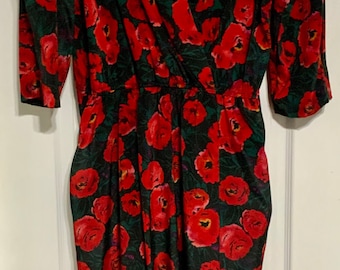 Vintage 1980s Luci Fellini Dark Floral Poppies Wrap Dress Plus Size