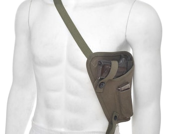 Funda de hombro de lona M3 OD de la Segunda Guerra Mundial para Colt 1911 .45 Tanker con portacargador, marcada con JT&L