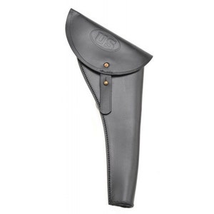 May include: A black leather holster with a flap closure. The flap is embossed with the letters "US" inside a circle. The holster has a stitched design along the edges and a brass button closure. The holster is designed to hold a handgun.