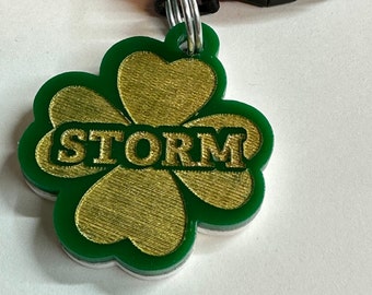 Personalized Four-Leaf Clover Dog Tag, Green Large Breed Engraved Irish Pet ID Tag Present Idea For Pet, Shamrock Charm for Animal Collars